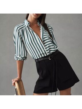Anthropologie Maeve Green and White Button-Up Blouse